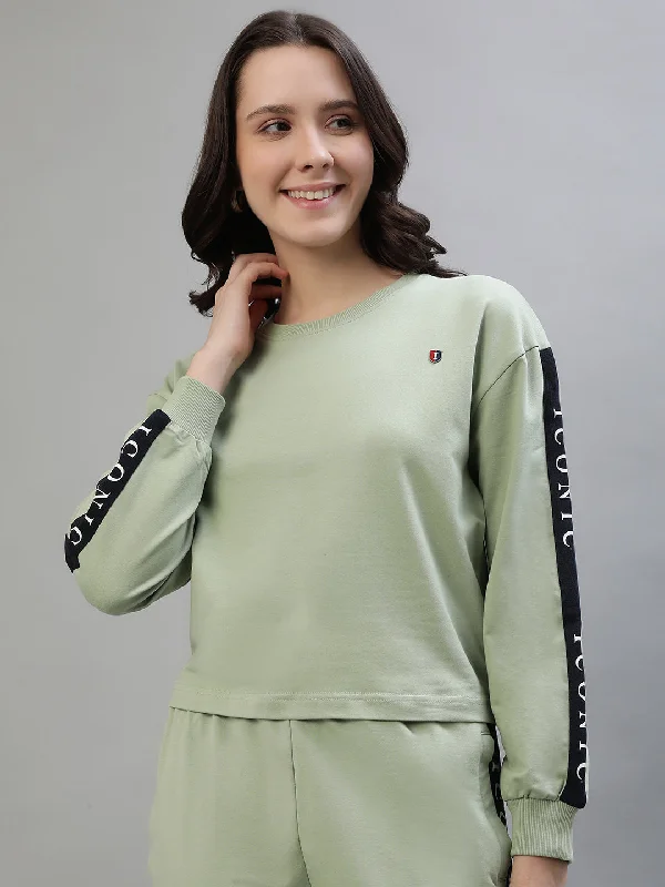 Iconic Women Green Solid Round Neck Sweatshirt Hoodie with Oversized Fit Loose Comfortable Iconic Women Green Solid Round Neck Sweatshirt Hoodie with Oversized Fit Loose Comfortable