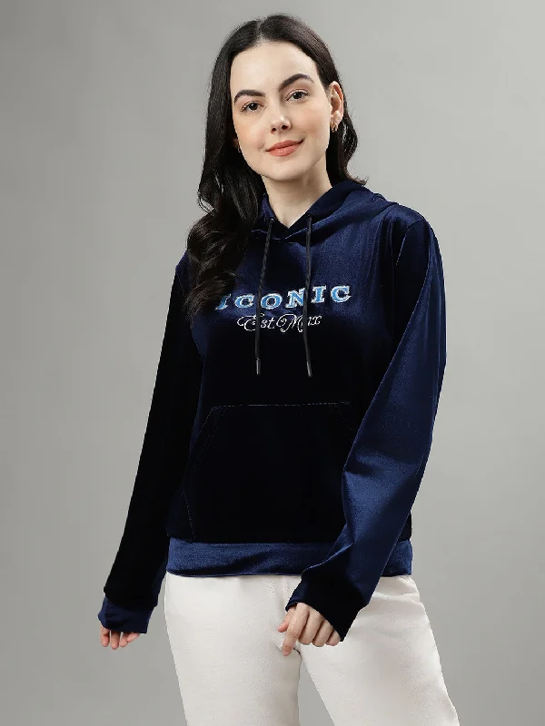 Iconic Women Navy Blue Solid Hooded Long Sleeves Sweatshirts Hoodie with Hem Frayed Vintage Worn Iconic Women Navy Blue Solid Hooded Long Sleeves Sweatshirts Hoodie with Hem Frayed Vintage Worn