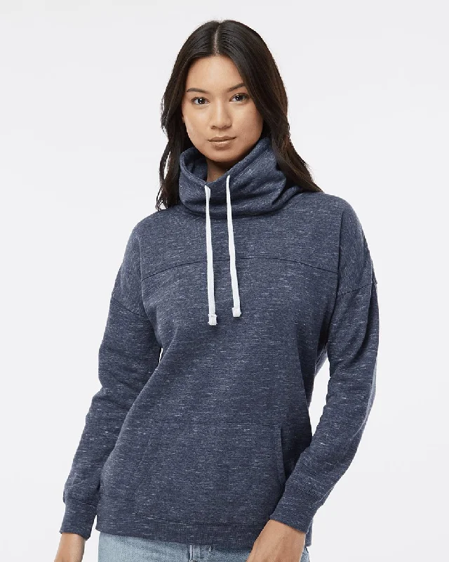 J. America Women's M'lange Fleece Cowl Neck Sweatshirt Hoodie with Metallic Shiny Futuristic