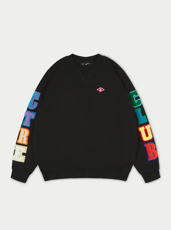 MULTIBADGED CHENILLE RELAXED SWEATSHIRT - BLACK Hoodie with Zipper Versatile Modern