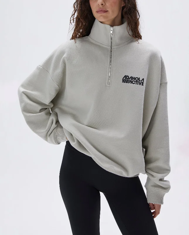 Retro Sports Oversized Funnel Neck Zip Sweatshirt - Stone Hoodie with Cuffed Sleeves Snug Secure Retro Sports Oversized Funnel Neck Zip Sweatshirt - Stone Hoodie with Cuffed Sleeves Snug Secure