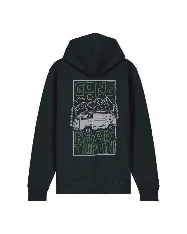 Road Trippin Organic Zip Hoodie - Black Hoodie with Pocket Utility Practical
