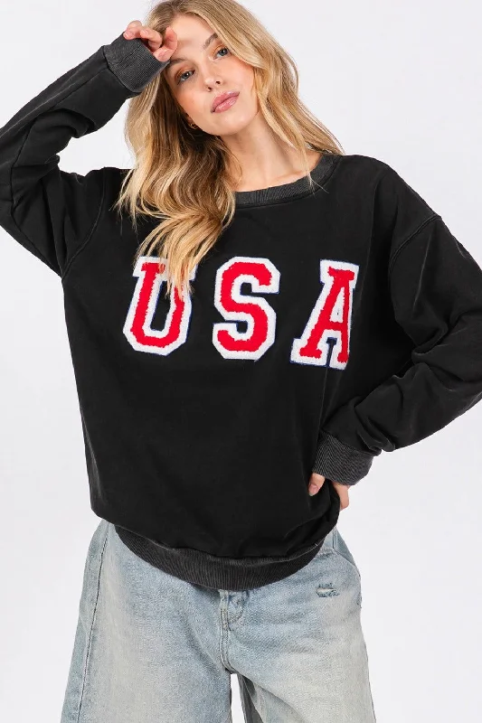 SAGE + FIG USA Letter Patch Round Neck Sweatshirt Hoodie with Hem Embroidery Detailed Premium SAGE + FIG USA Letter Patch Round Neck Sweatshirt Hoodie with Hem Embroidery Detailed Premium
