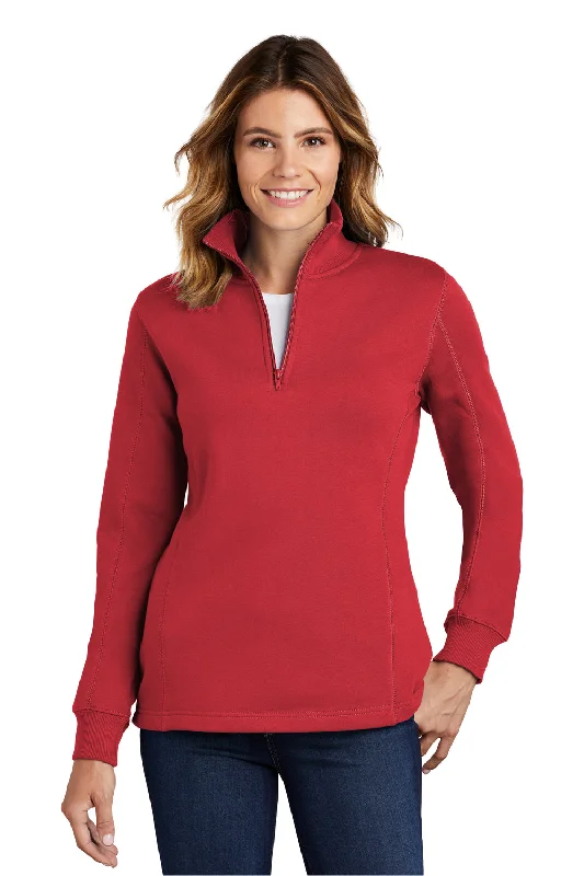Sport-Tek Womens Shrink Resistant Fleece 1/4 Zip Sweatshirt - True Red Hoodie with Hem Frayed Vintage Worn Sport-Tek Womens Shrink Resistant Fleece 1/4 Zip Sweatshirt - True Red Hoodie with Hem Frayed Vintage Worn