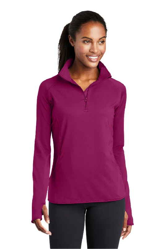 Sport-Tek Womens Sport-Wick Moisture Wicking 1/4 Zip Sweatshirt w/ Pouch Pocket - Pink Rush Hoodie with Stripes Bold Sporty
