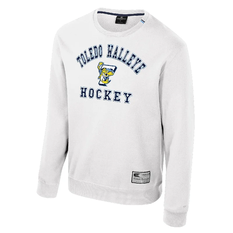 Toledo Walleye White Zion Crewneck Sweatshirt Hoodie with Applique Textured Unique