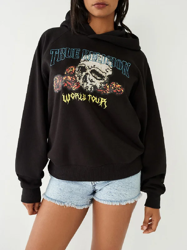True Religion Women Printed Full Sleeves Hooded Sweatshirt Hoodie with Mock Neck Collared Structured True Religion Women Printed Full Sleeves Hooded Sweatshirt Hoodie with Mock Neck Collared Structured