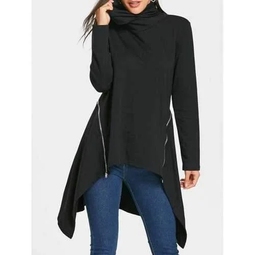 Asymmetrical Turtleneck Zippers Tunic Sweatshirt - Black L Hoodie with High Neck Warm Protective Asymmetrical Turtleneck Zippers Tunic Sweatshirt - Black L Hoodie with High Neck Warm Protective