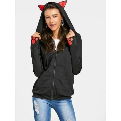 Front Pocket Zipped Cat Ear Hoodie - Black S Zip Hoodie Drawstring Kangaroo Pocket