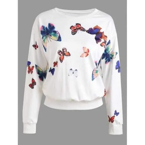 Graphic Butterfly Sweatshirt - White S Hoodie with Hem Raw Edge Edgy Unfinished