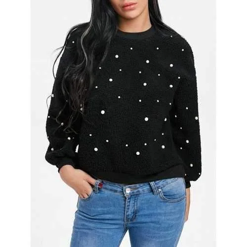 Beaded Faux Shearling Sweatshirt - Black M Hoodie with Earth Tones Natural Calm