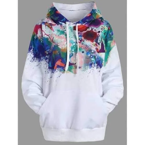 Ink Painting Kangaroo Pocket Hoodie - White S Hoodie with High Neck Warm Protective