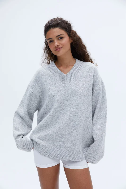 V Neck Oversized Knit Sweatshirt - Light Grey Melange Hoodie with Hood Adjustable Protection V Neck Oversized Knit Sweatshirt - Light Grey Melange Hoodie with Hood Adjustable Protection