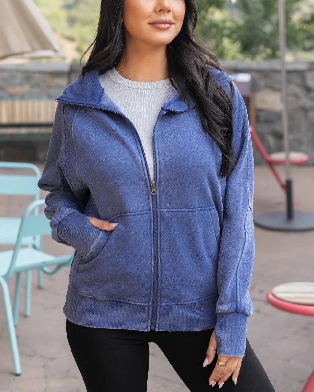 Vintage Washed Zip Up Sweatshirt Hoodie with Button Classic Timeless