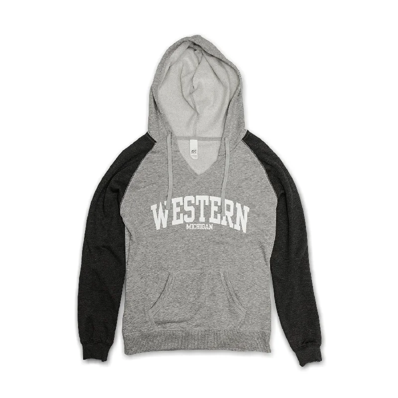 Ladies' Western Michigan Collegiate Raglan Hoodie Hoodie with Distressed Vintage Worn Ladies' Western Michigan Collegiate Raglan Hoodie Hoodie with Distressed Vintage Worn