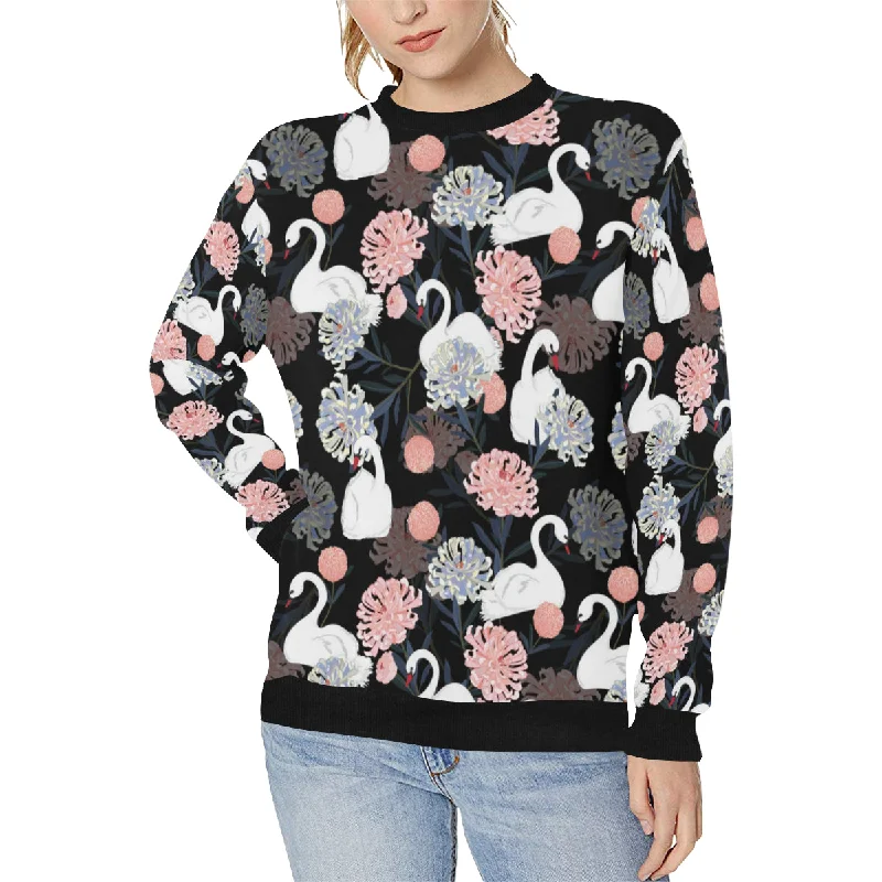 white swan blooming flower pattern Women's Crew Neck Sweatshirt Hoodie with Fur Luxurious Winter white swan blooming flower pattern Women's Crew Neck Sweatshirt Hoodie with Fur Luxurious Winter