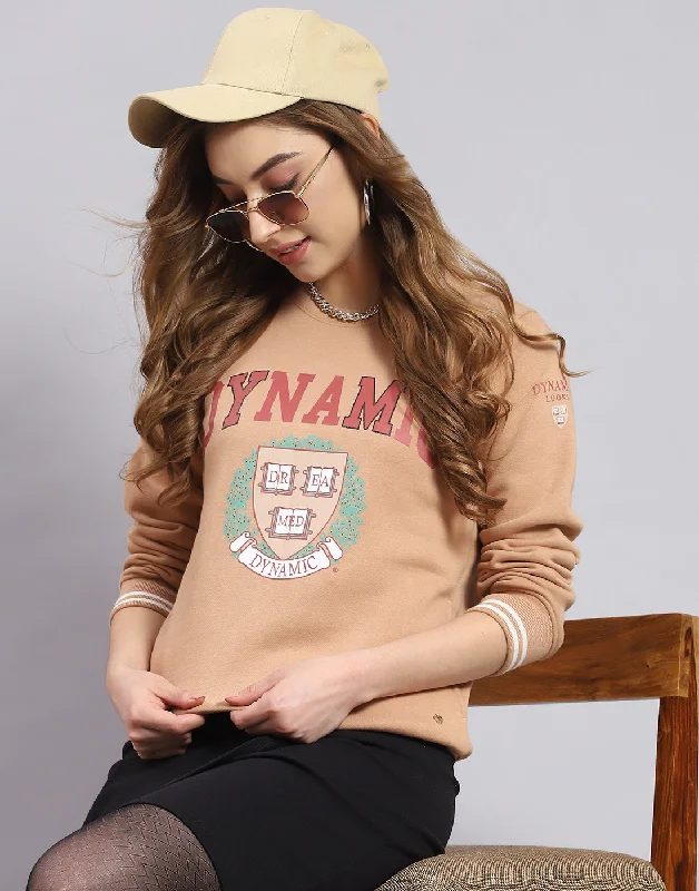 Women Beige Printed Round Neck Full Sleeve Sweatshirt Hoodie with Neon Bright Vibrant Women Beige Printed Round Neck Full Sleeve Sweatshirt Hoodie with Neon Bright Vibrant