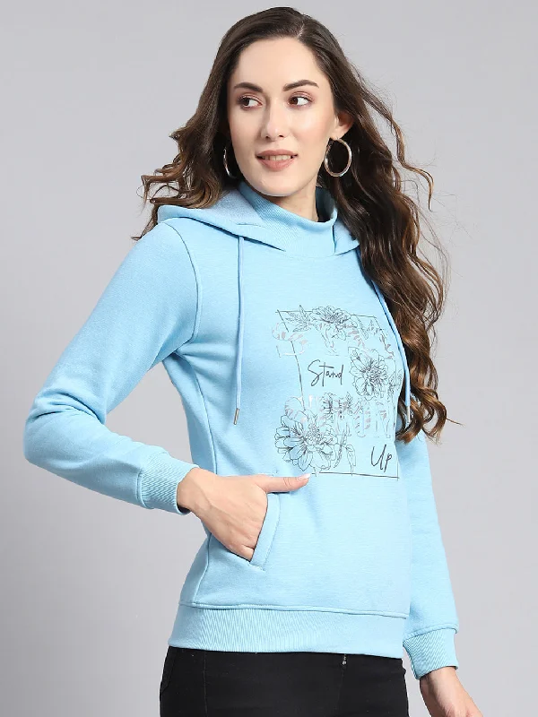 Women Blue Printed Hooded Full Sleeve Sweatshirts Hoodie with Hem Applique Textured Unique Women Blue Printed Hooded Full Sleeve Sweatshirts Hoodie with Hem Applique Textured Unique