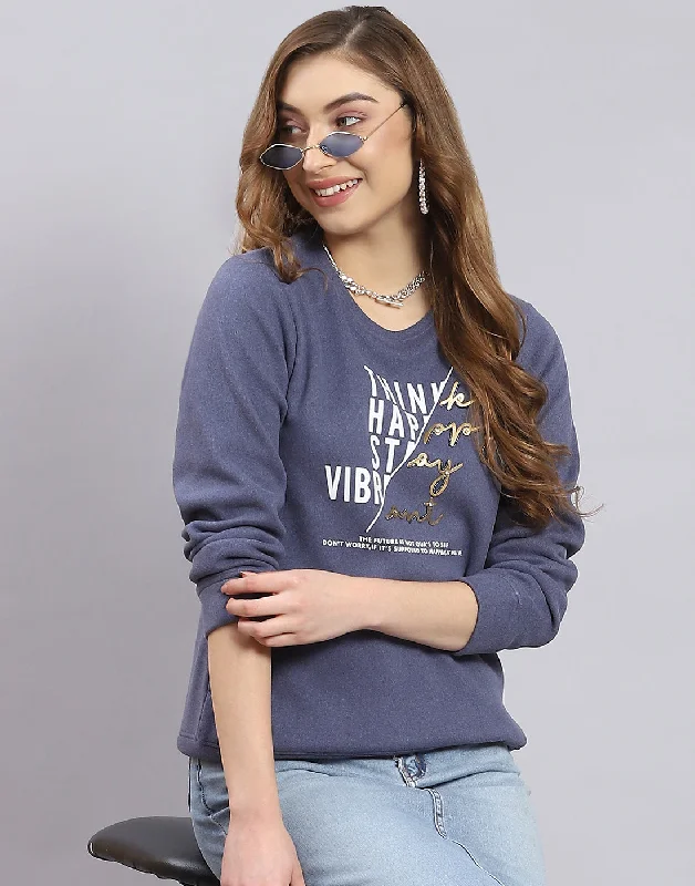 Women Blue Printed Round Neck Full Sleeve Sweatshirt Hoodie with Pastel Soft Subtle