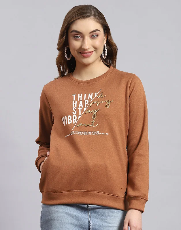 Women Brown Printed Round Neck Full Sleeve Sweatshirt Hoodie with Hem Lace Feminine Delicate Women Brown Printed Round Neck Full Sleeve Sweatshirt Hoodie with Hem Lace Feminine Delicate