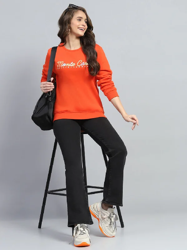 Women Orange Printed Round Neck Full Sleeve Sweatshirt Hoodie with Set-In Sleeves Structured Classic Women Orange Printed Round Neck Full Sleeve Sweatshirt Hoodie with Set-In Sleeves Structured Classic