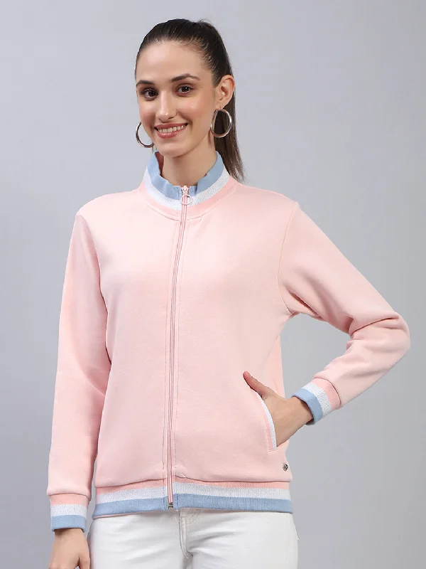 Women Pink Solid Mock Neck Full Sleeve Sweatshirt Hoodie with Exposed Zipper Edgy Industrial Women Pink Solid Mock Neck Full Sleeve Sweatshirt Hoodie with Exposed Zipper Edgy Industrial