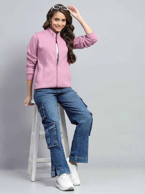 Women Pink Solid Mock Neck Full Sleeve Sweatshirt Hoodie with Ribbed Hem Stretchable Secure Women Pink Solid Mock Neck Full Sleeve Sweatshirt Hoodie with Ribbed Hem Stretchable Secure