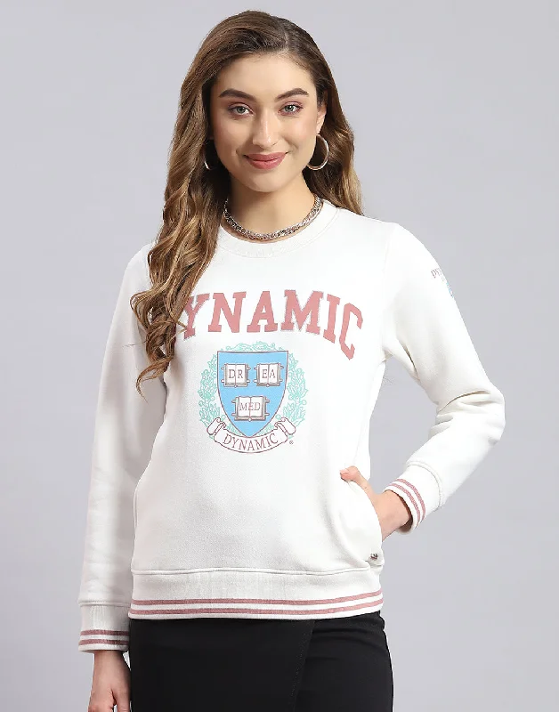 Women White Printed Round Neck Full Sleeve Sweatshirt Hoodie with Pattern Geometric Abstract