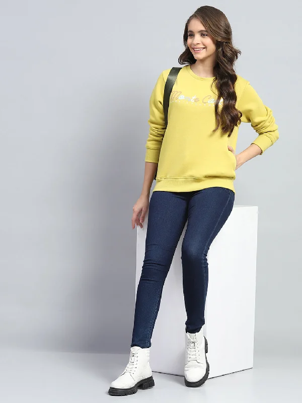 Women Yellow Printed Round Neck Full Sleeve Sweatshirt Hoodie with Hem Frayed Vintage Worn