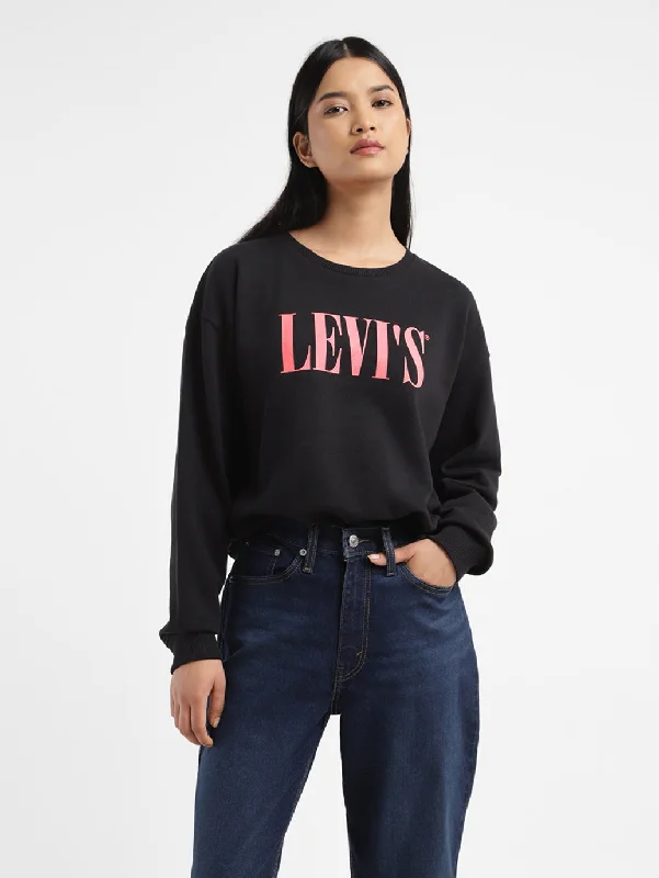 Women's Brand Logo Black Crew Neck Sweatshirt Hoodie with Drawstring Waist Adjustable Fitted Women's Brand Logo Black Crew Neck Sweatshirt Hoodie with Drawstring Waist Adjustable Fitted