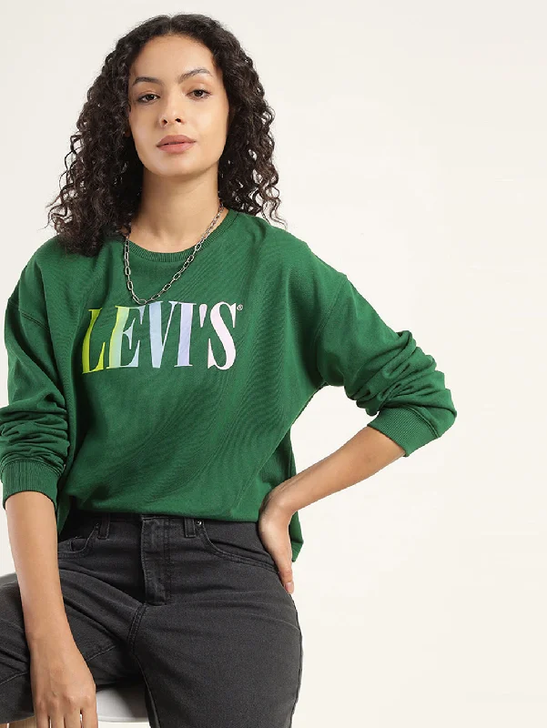 Women's Solid Dark Green Crew Neck Sweatshirt Hoodie with Neon Bright Vibrant