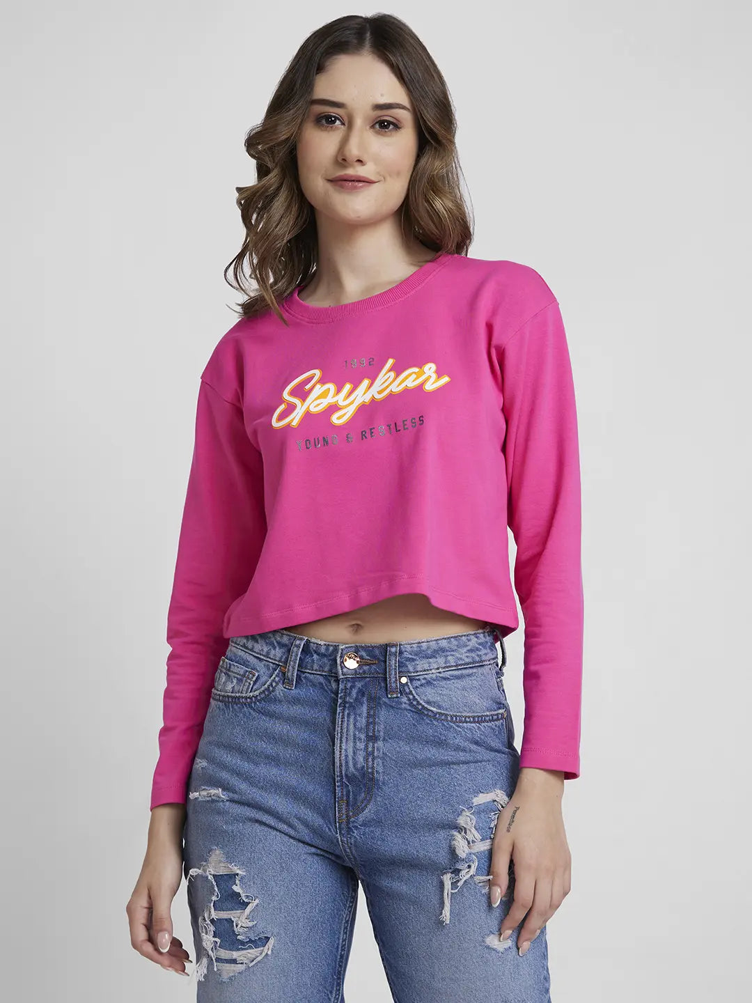Spykar Women Luminous Pink Blended Boxy Fit Round Neck Printed Crop Sweatshirt Hoodie with Zipper Placket Modern Functional Spykar Women Luminous Pink Blended Boxy Fit Round Neck Printed Crop Sweatshirt Hoodie with Zipper Placket Modern Functional