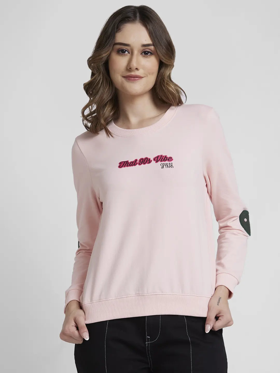 Spykar Women Baby Pink Blended Regular Fit Round Neck Printed Sweatshirt Hoodie with Belted Waist Structured Tailored Spykar Women Baby Pink Blended Regular Fit Round Neck Printed Sweatshirt Hoodie with Belted Waist Structured Tailored