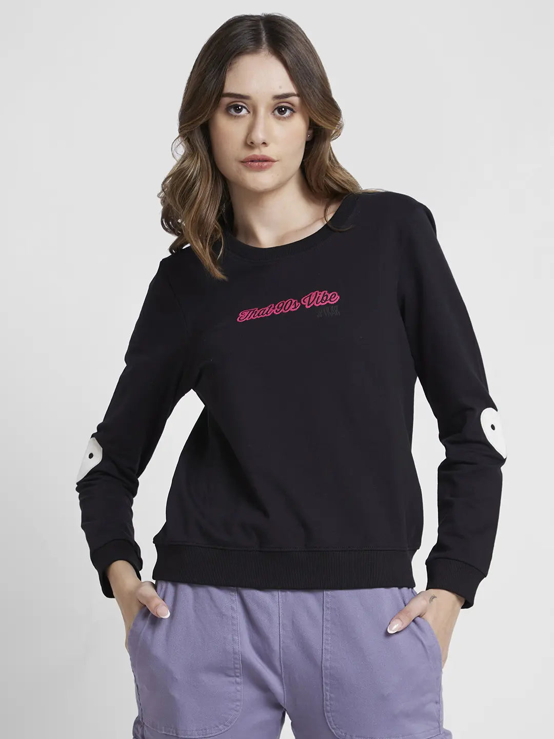Spykar Women Black Blended Regular Fit Round Neck Printed Sweatshirt Hoodie with Drawcord Adjustable Secure Spykar Women Black Blended Regular Fit Round Neck Printed Sweatshirt Hoodie with Drawcord Adjustable Secure